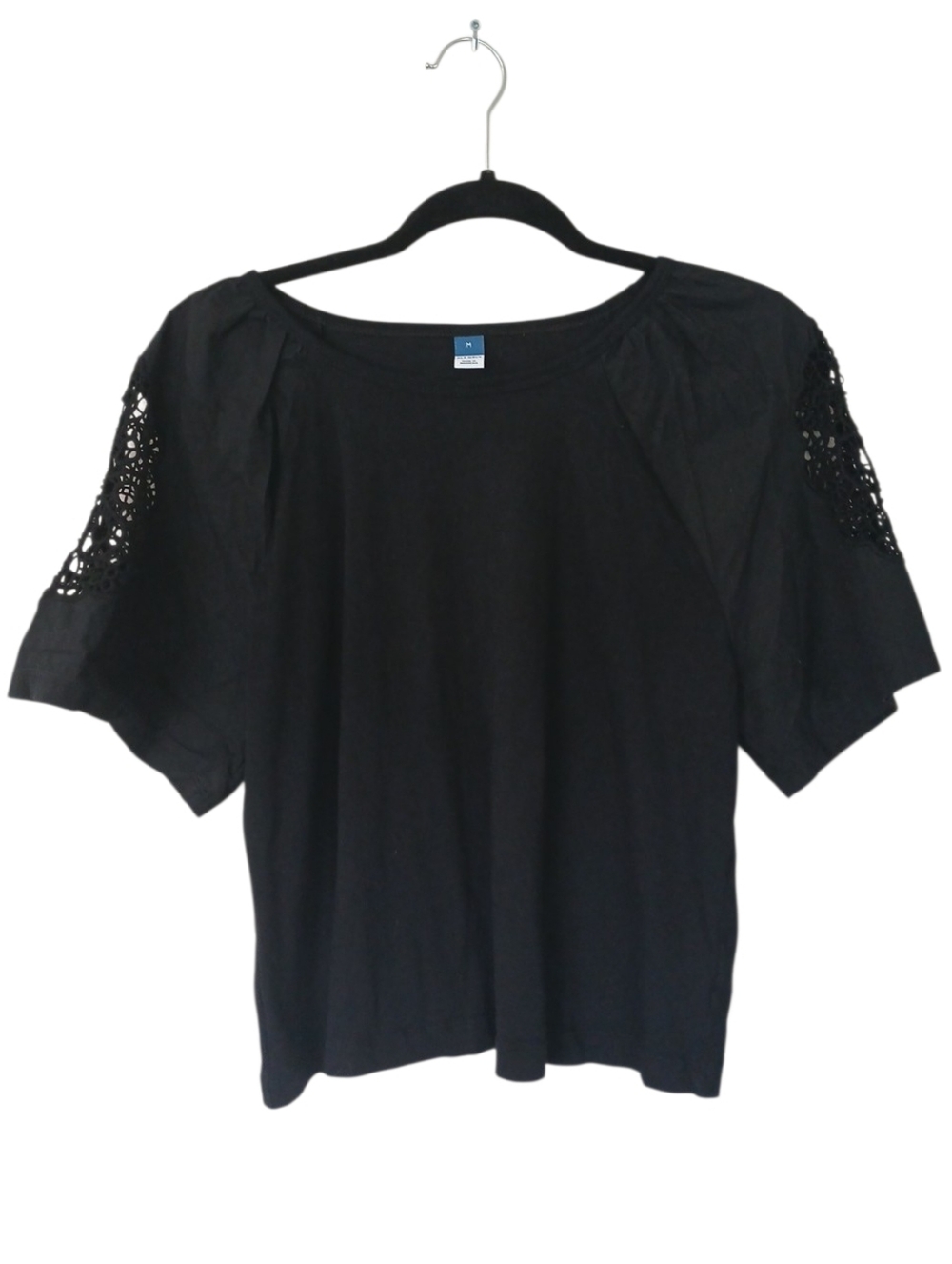 Old Navy Black Short Sleeve Top with Crochet Sleeve Detail Mixed Material Medium
